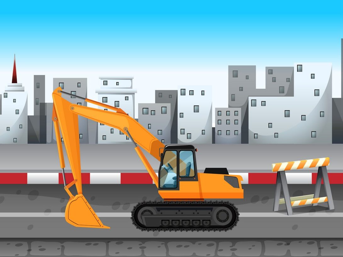 Excavator working at the road construction